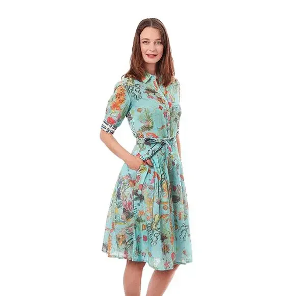 Dizzy-Lizzie Mrs. Maisel Turquoise Sealife Dress Size Medium - Picture 2 of 3